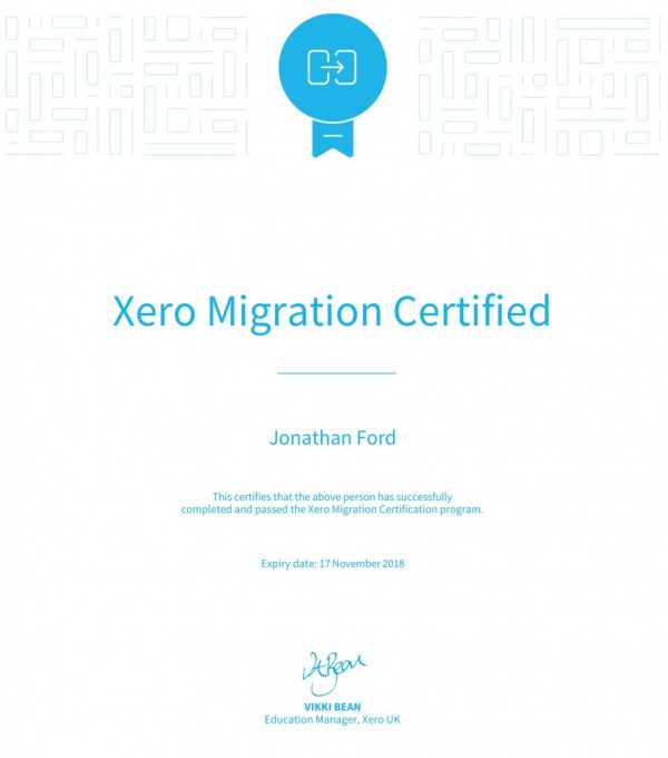 Xero Migration Certificate 